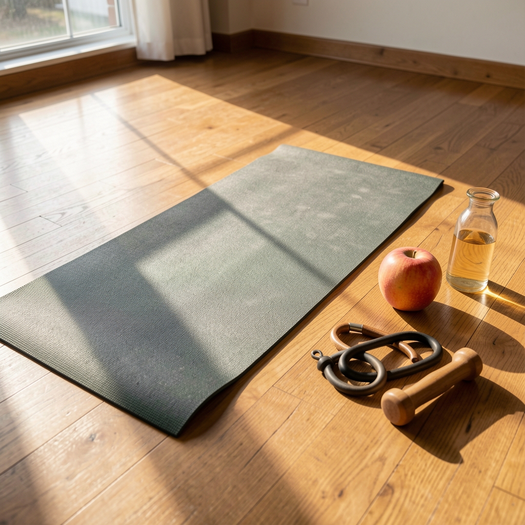 Natural morning light falling across an open yoga mat on a wooden studio floor, props arranged neatly nearby