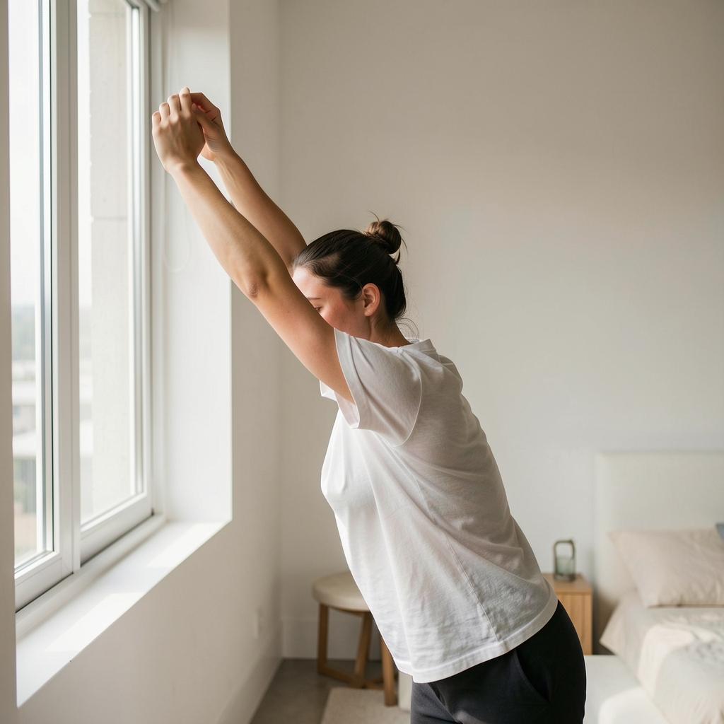 Person stretching gently by a window in a light-filled room with minimalist interior