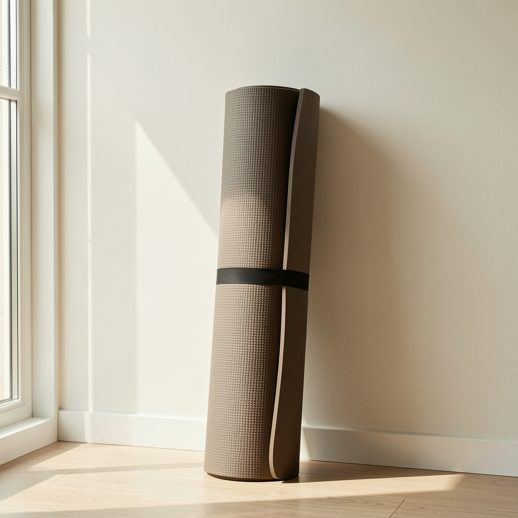 Rolled yoga mat leaning against a pale wall with natural light entering from the side
