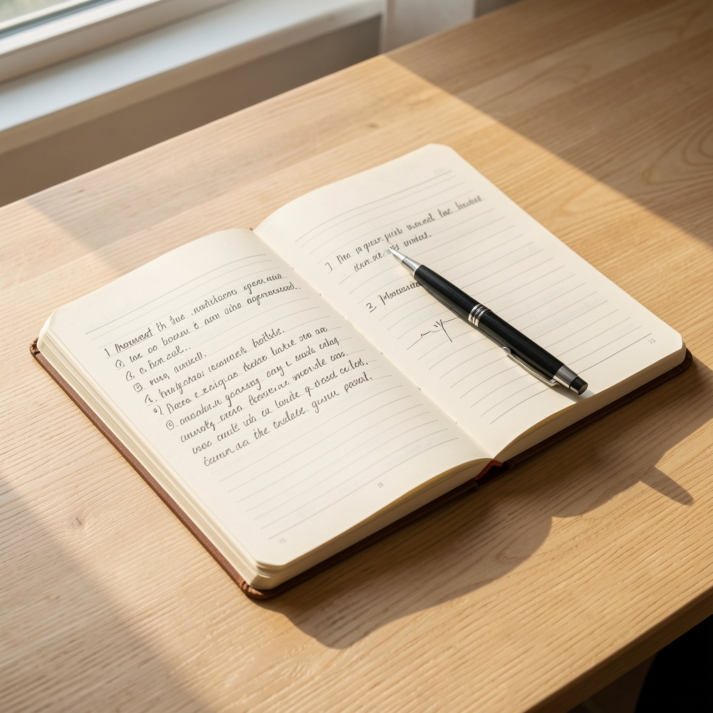 Open notebook and pen on a light wooden desk, morning light, handwritten movement notes