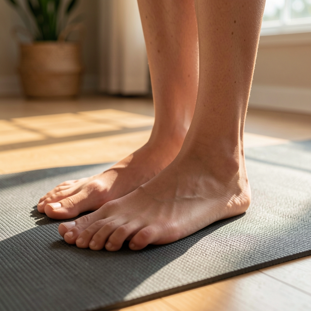 Close detail of bare feet on a textured yoga mat in a sunlit room