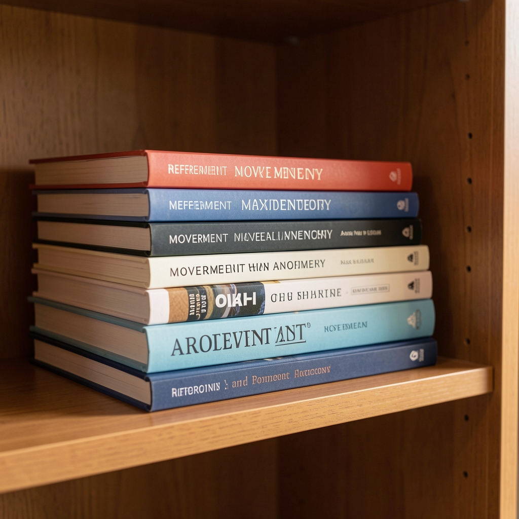 Stack of reference books on movement and anatomy on a warm-toned shelf