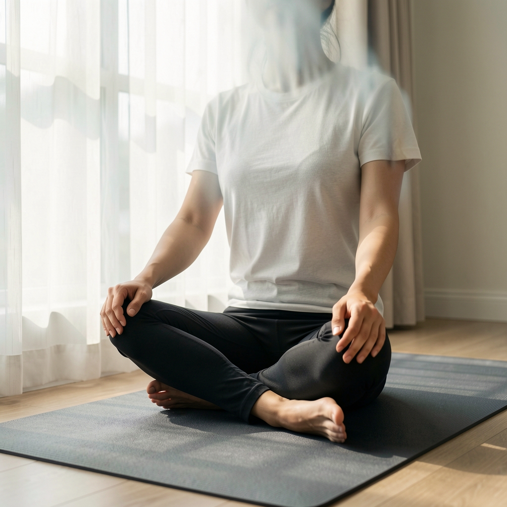Person seated cross-legged on a yoga mat near a window, hands resting on knees, soft natural daylight filtering through sheer curtains