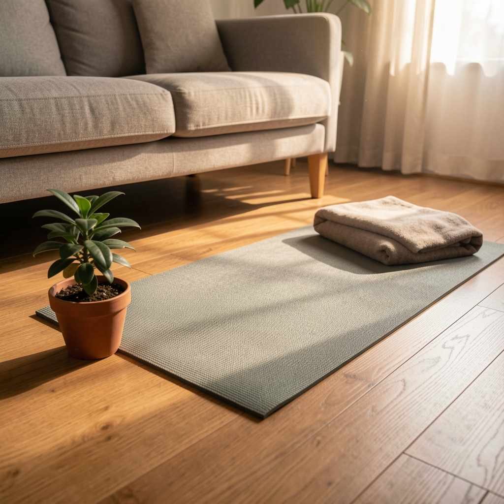Yoga mat unrolled on a wooden living room floor beside a small potted plant and a folded blanket, early morning light streaming from the right