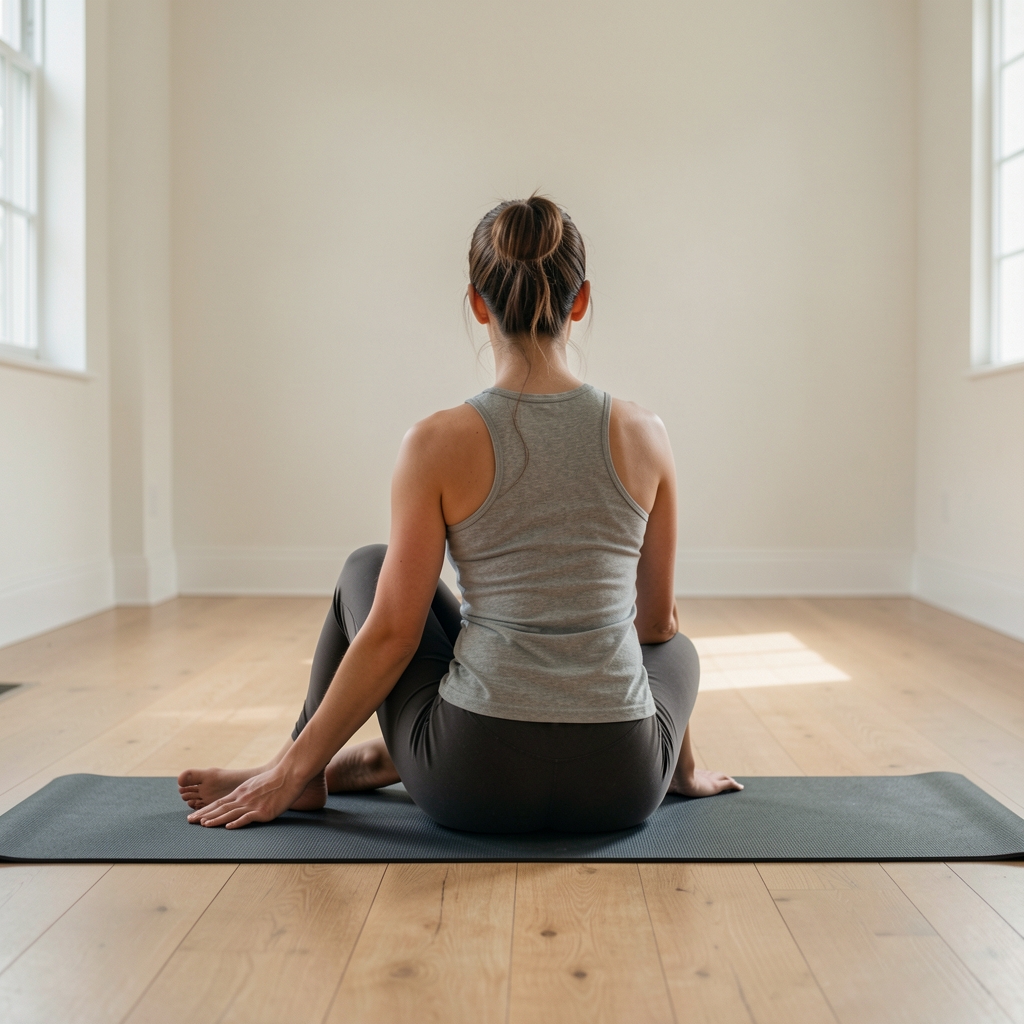 Practitioner in a seated spinal twist on a yoga mat, photographed from behind in a calm natural-light room with bare wooden floor