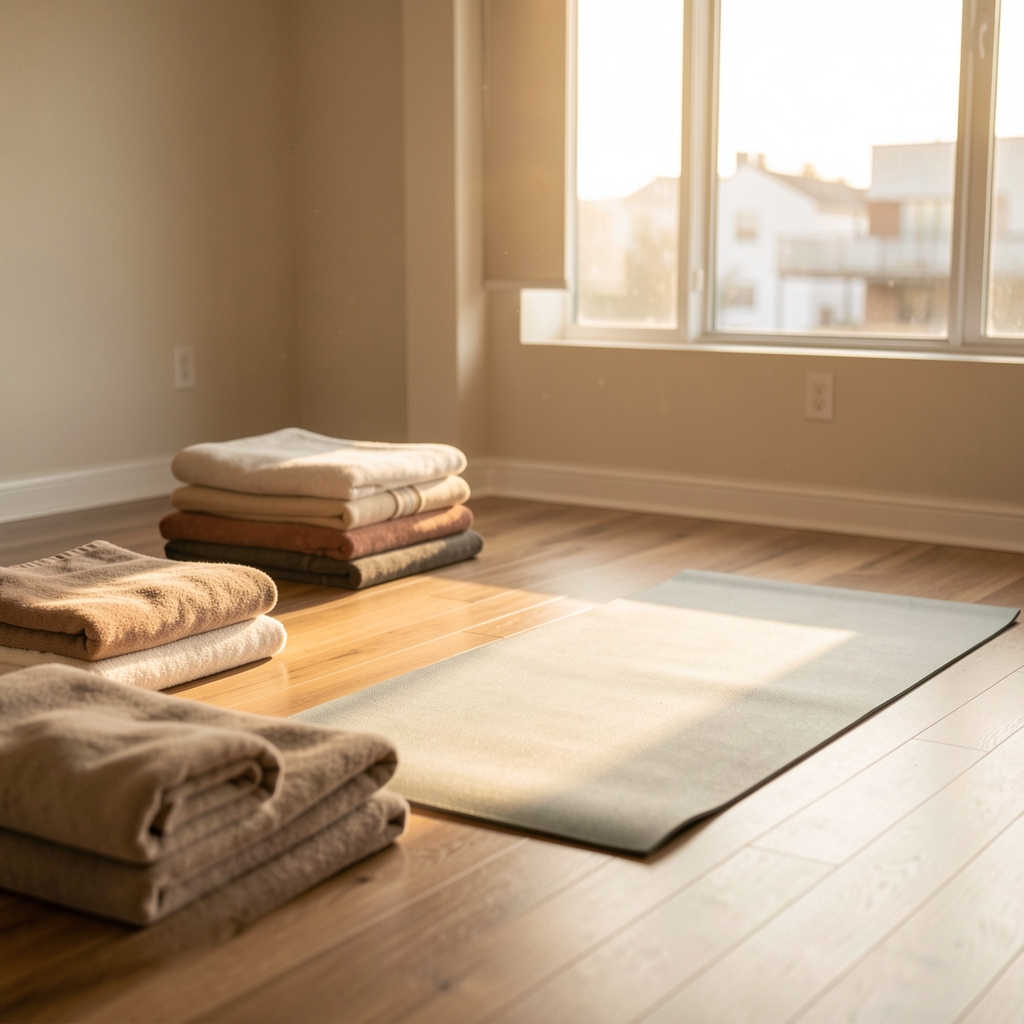 Softly lit yoga studio interior at dawn with wooden floor, folded blankets, and a single mat laid out near a large window filtering warm morning light