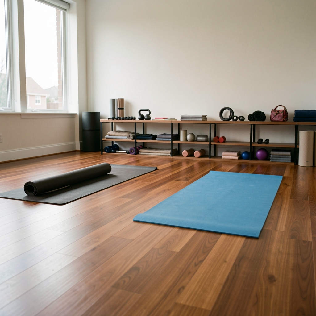 Wide studio space with polished wooden floor, two yoga mats rolled out, and a shelf of props along the far wall under diffused natural light
